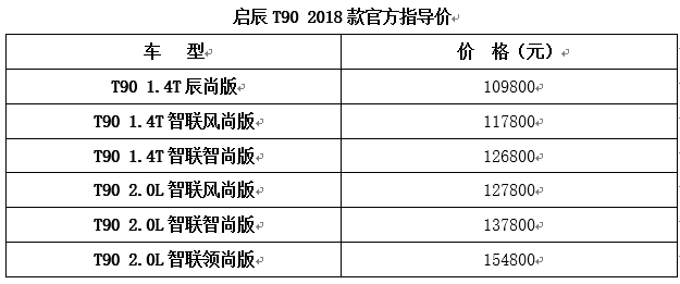 启辰T90 2018款官方领导价